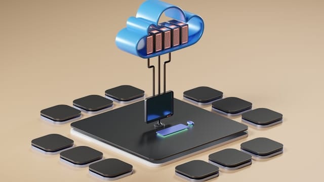 Illustration 3D d'une infrastructure cloud reliée à des postes de travail, évoquant la maîtrise des environnements numériques